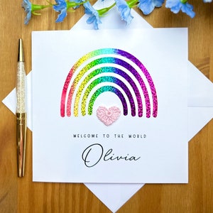 Tarjeta de bebé recién nacido, tarjeta de bebé recién nacido con arcoíris, tarjeta de bienvenida al mundo, tarjeta de bebé personalizada, tarjeta de bebé recién nacido, tarjeta de felicitaciones, TLC0329