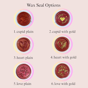 May include: A selection of six red wax seals with various designs, including hearts, Cupid's arrow, and the words "Love You." Each seal is encircled by a pastel gradient and labeled with a number and description.