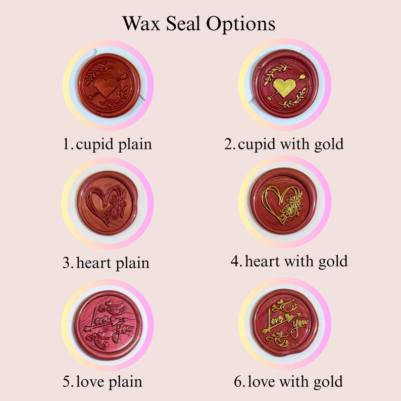 May include: A selection of six red wax seals with various designs, including hearts, Cupid's arrow, and the words "Love You." Each seal is encircled by a pastel gradient and labeled with a number and description.