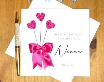 Niece birthday card, personalised niece card, heart balloon card, card with bow, handmade card for niece, happy birthday niece