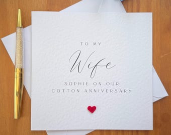 Wife Second anniversary card, COTTON anniversary card, Cotton Heart, 6x6" textured  Cardstock, TLC0727
