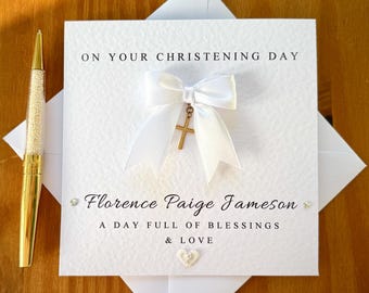 Christening Card for Girls or Boys: Handmade Linen Card with Golden Cross, TLC0780