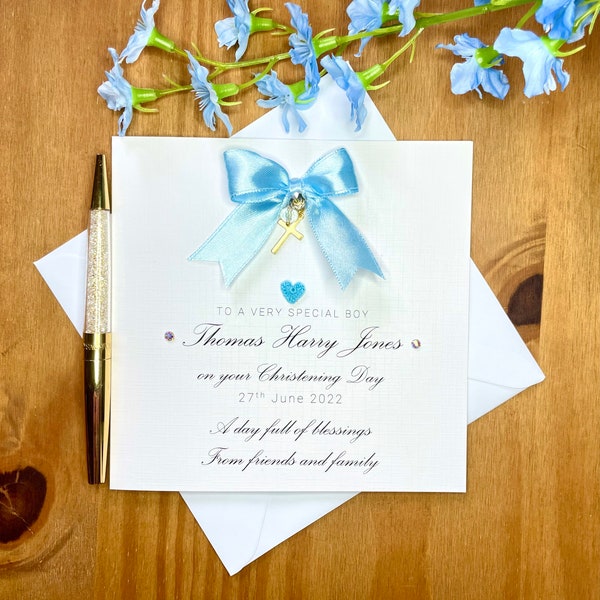 Luxury christening card for boys, personalised christening day, special handmade card, dedication day card, sending blessings, TLC0014