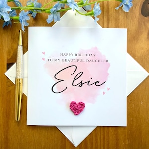 Carte d'anniversaire FILLE avec coeur au crochet, carte d'anniversaire fille faite main, carte d'anniversaire rose, carte fille personnalisée, TLC0634