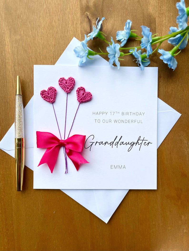 Granddaughter Birthday Card, Crochet Heart Balloons & Bow, personalised card, adult granddaughter card image 1