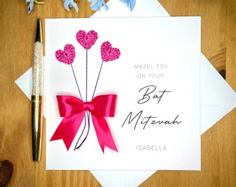 Personalised Bat Mitzvah Card, Handmade Cotton Hearts & Satin Bow, TLC0057