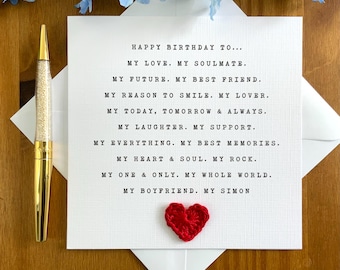 Poem BIRTHDAY Card: Cotton Heart, For Husband/ Wife/ girlfriend/ boyfriend or partner, my everything, TLC0366