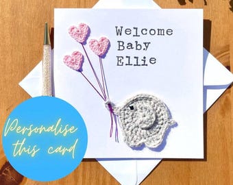Tarjeta de bienvenida para bebé recién nacido con elefante de ganchillo: Tarjeta de bienvenida hecha a mano para niña