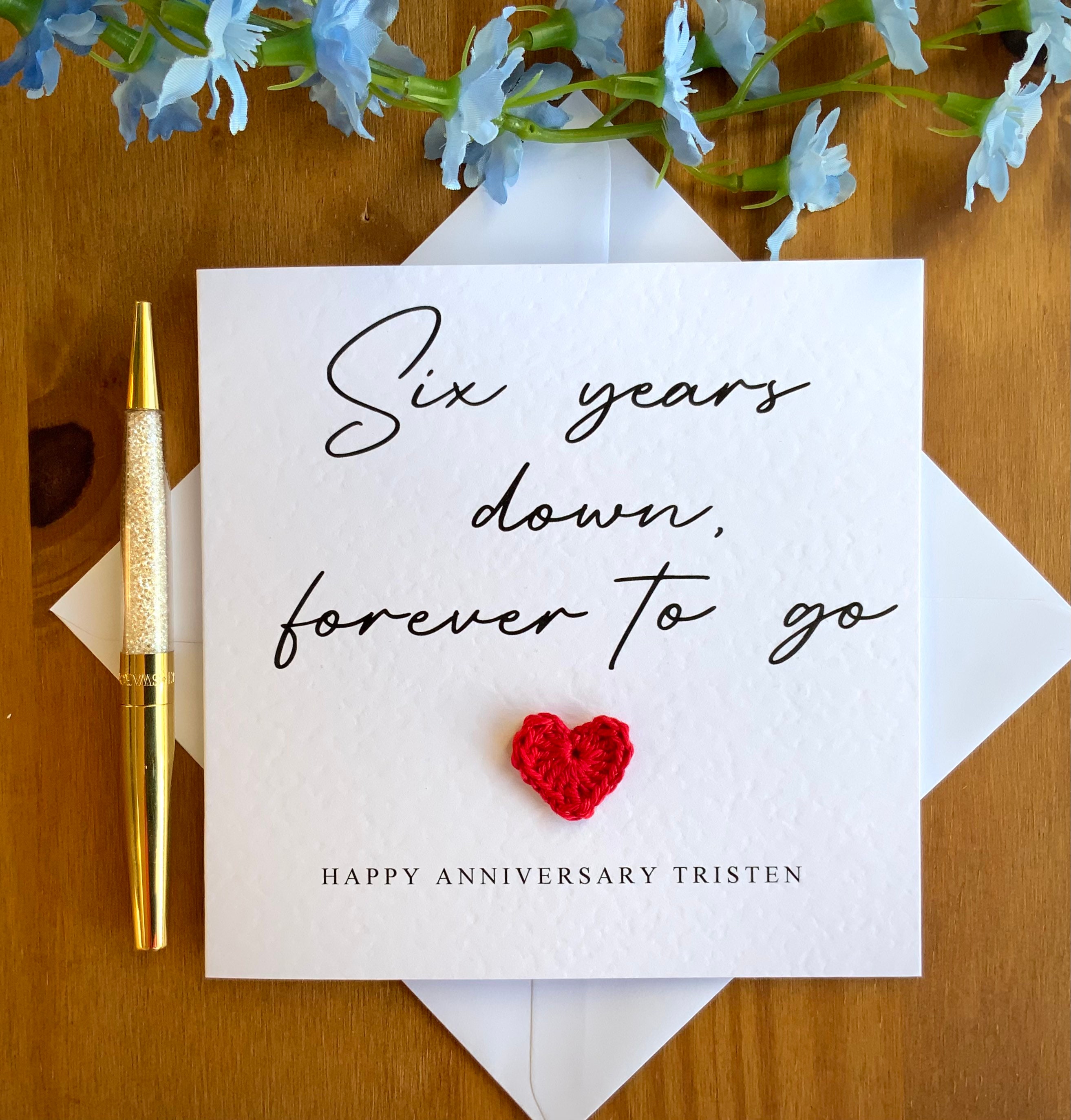 6th Anniversary Card: Six Years Down Forever to Go, Crochet Heart