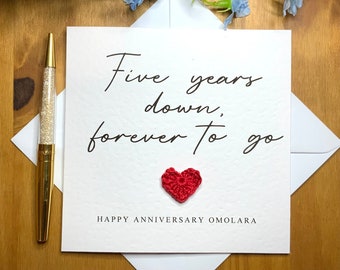 5th anniversary card, five years down forever to go, personalised anniversary card, card for him, anniversary card for her, TLC0180