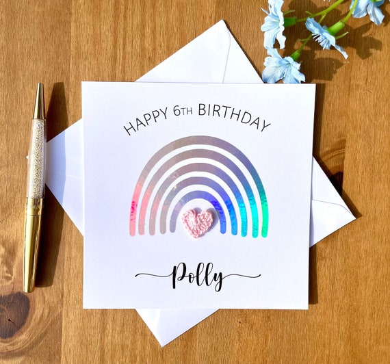 holographic birthday cards Holographic Rainbow Birthday Card: Personalised Crochet Heart