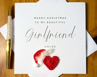 Girlfriend Christmas card, crochet heart with shimmering santa hat,  Textured Cardstock, gf Xmas card, TLC0814