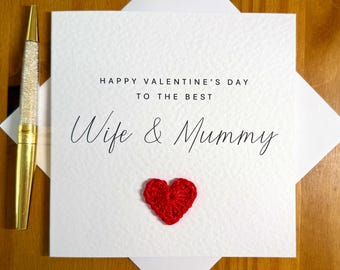 Feliz día de San Valentín para la mejor esposa y mamá, corazón de crochet, cartulina texturizada, tarjeta de San Valentín para esposa, TLC0787 VAL