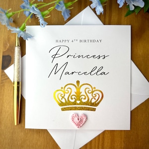 Carte d'anniversaire de princesse personnalisée, carte d'anniversaire de petite fille, carte avec couronne, carte d'anniversaire scintillante, TLC0262