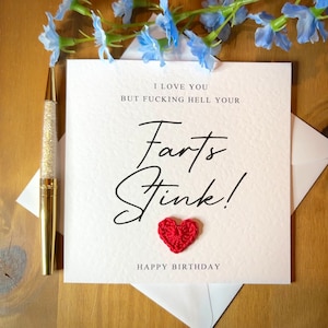 Tarjeta de cumpleaños con pedos, tarjeta con un "tus pedos apestan", tarjeta con un "te amo", tarjeta para tu pareja, tarjeta de cumpleaños divertida, tarjeta personalizada, TLC0160