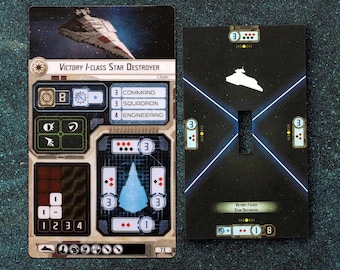 May include: A Star Wars: Armada game card for the Victory I-Class Star Destroyer. The card features a white silhouette of the ship against a black background. The card has a black and white image of the ship, a black and white image of a dice, and a black and white image of a ship's hull. The card has the text "Victory I-Class Star Destroyer" printed on it.