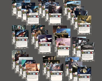 May include: A collection of Star Wars X-Wing Miniatures Game cards. The cards feature various spacecraft and characters from the Star Wars universe, with detailed illustrations and game statistics. The cards are arranged on a gray background.