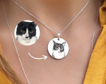 Personalized Pet Portrait Necklace, Sterling Silver Memorial Gift