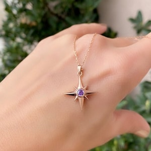 14K Gold Amethyst Star Necklace, North Star Amethyst Pendants, Celestial Charm for Women, Polaris Jewelry, Birthstone Bracelet Gifrt for Her