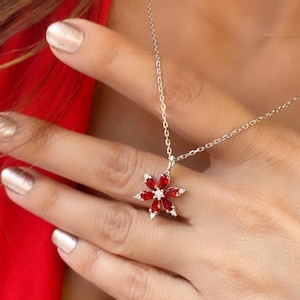 Silver Ruby Flower Charm Necklace, Gold Ruby Daisy Pendant, Floral Birthstone Gift, Personalized Birthday Jewelry, Mothers Necklace Gift Her