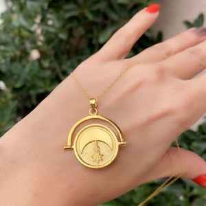 14K Gold Filled Spinner Pendant Necklace, Sun and Moon Necklace, Custom Spinner Necklace,  Personalized Engraved Monogram Necklace Gift Her