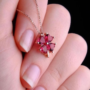 Four Leaf Clover Ruby Pendant Necklace, July Birthstone in Gold, Dainty Crystal Gemstone Jewelry, Mothers Necklace, Birthday Gift for Her