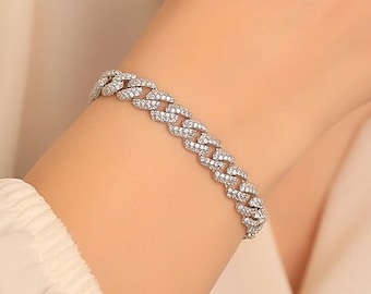 Sterling Silver Pave Cuban Link Chain Bracelet for Women, Gold Chain Bracelet, 8 mm Miami Cuban Link Bracelet, Gourmet Cuban Link Bracelet