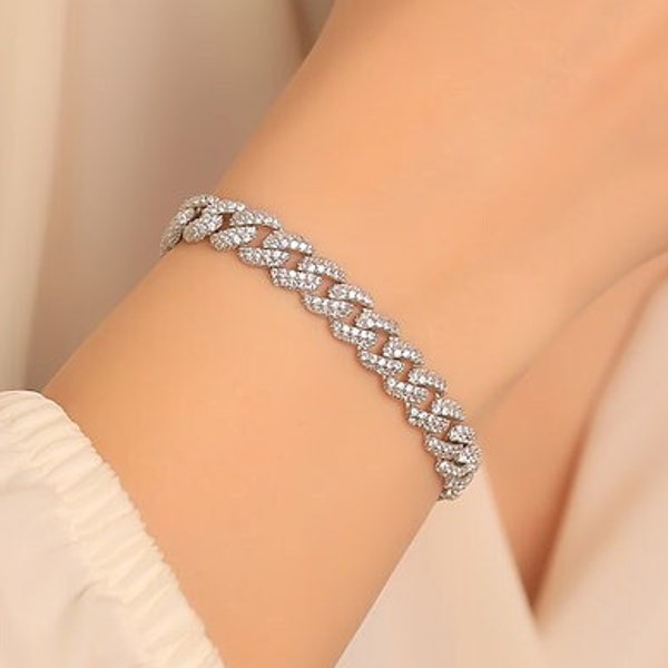 Armband aus Sterlingsilber Pave für Frauen, Goldkette Armband, 8 mm Miami Armband mit kubanischem Glied, Armband mit kubanischem Gliederkette für Feinschmecker