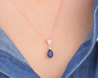 14K Gold Blue Water Drop Choker Tiny Layering Necklace Sterling Silver Sapphire Teardrop Necklace September Birthstone Necklace Gift for Her