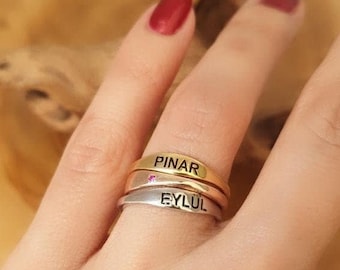 14K Gold Stackable Name Ring, Dainty Name Ring in Sterling Silver, Gold or Rose Gold, Personalized Gold Ring, Mom Ring Stacking Ring For Her