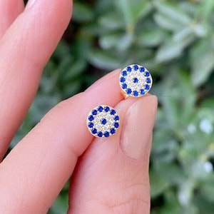 Evil Eye Stud Earrings in Sterling Silver, Gold, Rose, 14K Gold Dainty Evil Eye Studs, Minimalist Protection Jewelry, Birthday Gift for Her