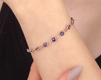 14k Gold Filled Blue Evil Eye Bracelet, Protection Layering Jewelry, Silver Beaded Evil Eye Charm Bracelet, Evil Eye Chains, Protection Gift