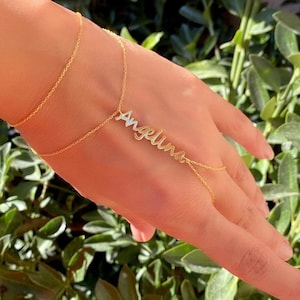 14K Gold Name Slave Bracelet, Rolo Chain Ring Bracelet, Gold Hand Chain Bracelet, Finger Bracelet, Personalized Name Jewelry, Gift for Her