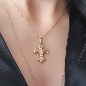 Fleur De Lis Necklace with Sterling Silver, Gold or Rose Gold, Satellite Necklace, French Lily Flower Pendants, Gold Layering Necklaces Gift
