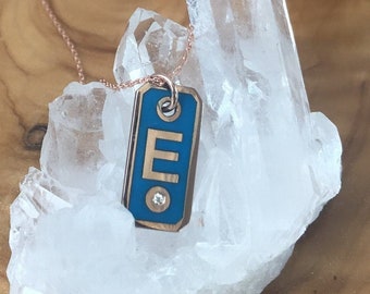 Blue Enamel Initial Necklace: Custom Sterling Silver Letter Pendant
