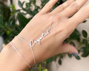 Personalized Sterling Silver Name Hand Bracelet Finger Chain, Tiny Delicate Slave Bracelet, Hand Chain Bracelet Gold, Ring Layer Bracelet