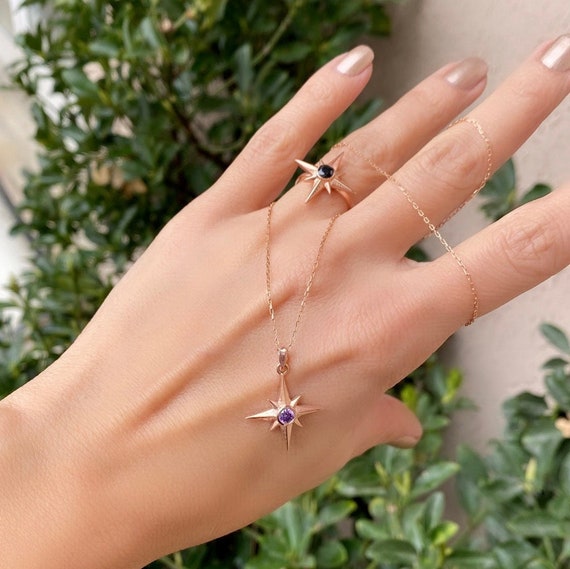 14K Gold Amethyst Star Necklace, North Star Amethyst Pendants  