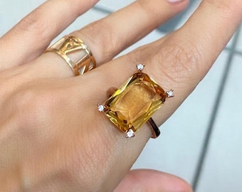 Emerald Cut natuurlijke citrien ring in roségoud, sterlingzilver gele citrien cocktailring, citrien verklaring verlovingsbelofte ring geschenken