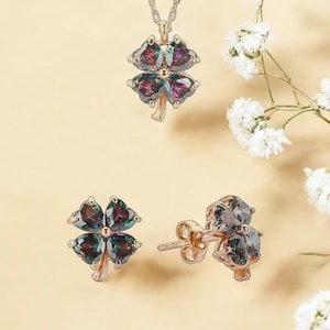 Personalized June Birthstone Silver Alexandrite Jewelry, Alexandrite Necklace and Earrings, Bridal Wedding Jewelry Set Birthday Gift for Mom