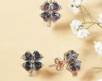 Sieradenset Alexandrite Clover: sterlingzilveren ketting en oorbellen