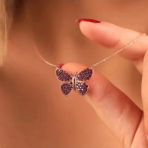 Rubin Schmetterling Halskette 14K Gold, Silber Schmetterling Schmuck, Minimalist Charm Halsketten, Schmetterling Halskette, Rubin Edelstein Halskette