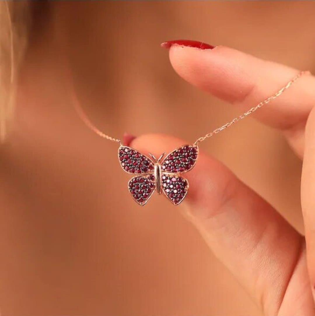 Ruby Butterfly Necklace 14K Gold, Silver Butterfly Jewelry, Minimalist