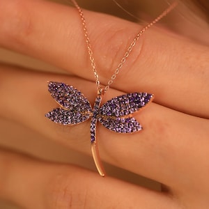 Gold Amethyst Dragonfly Necklace: Sterling Silver Crystal Pendant