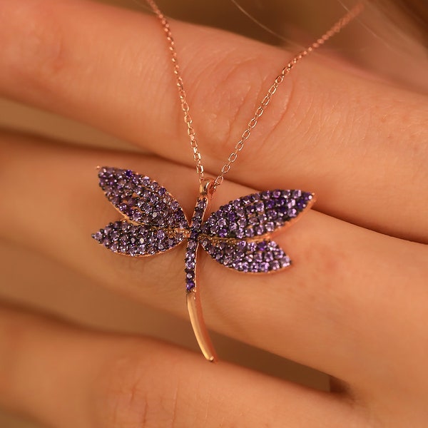 Gold Amethyst Gemstone Dragonfly Charm Necklace, Spiritual Necklace, Dragonfly Crystal Pendants, Dainty Layering Necklaces Gift for Her