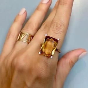 14K Rose Gold Filled Citrine Statement Ring, Gold Rectangle Ring, Emerald Cut Citrine Gemstone Jewelry, Silver Cocktail Ring Gift for Her