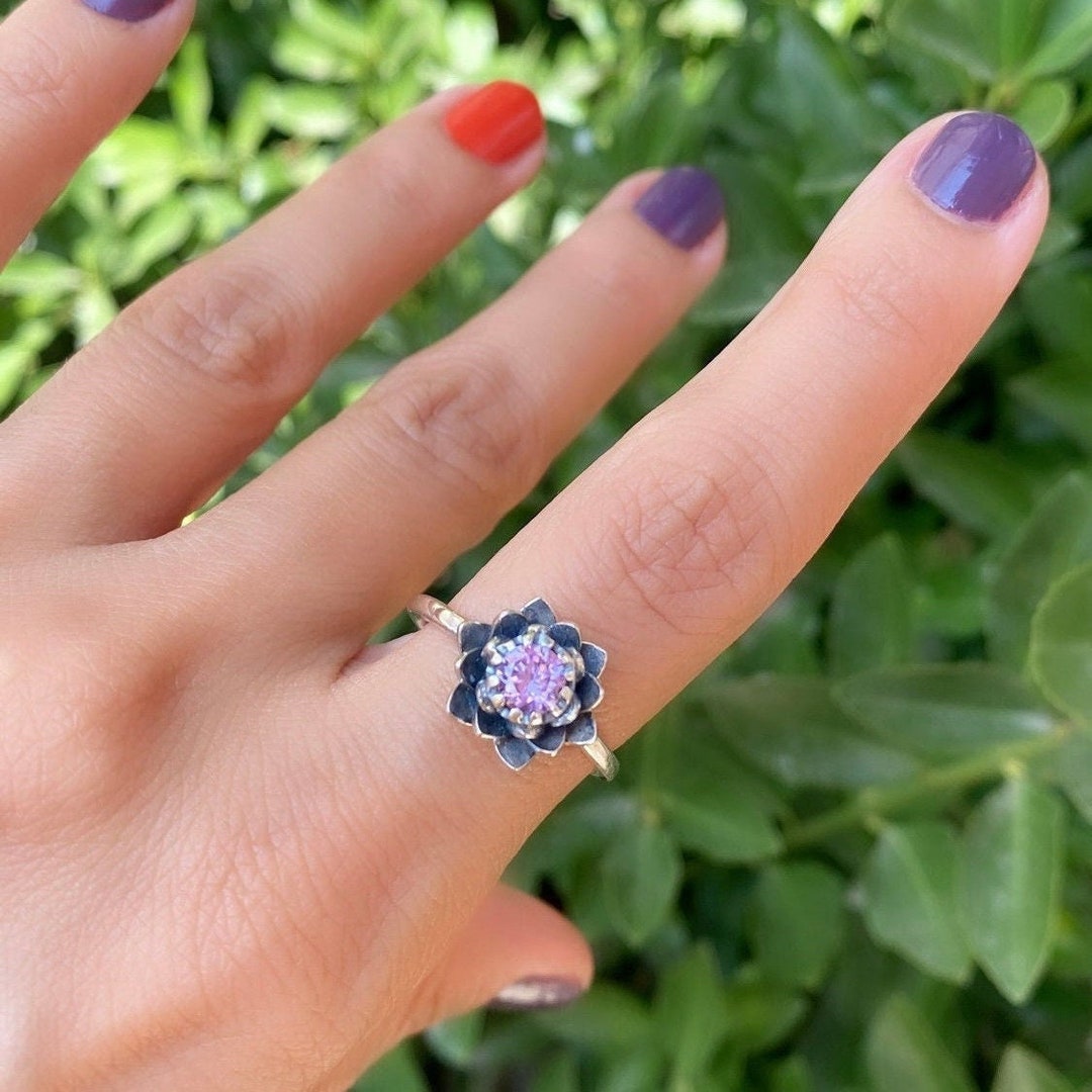 Silver Amethyst Lotus Flower Engagement Ring, Gold Spiritual Ring