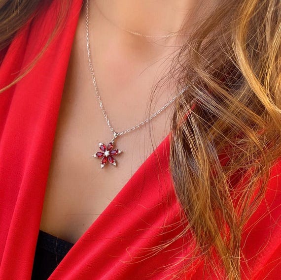 Sterling Silver Ruby Flower Necklace, July Birthstone Pendant - Etsy