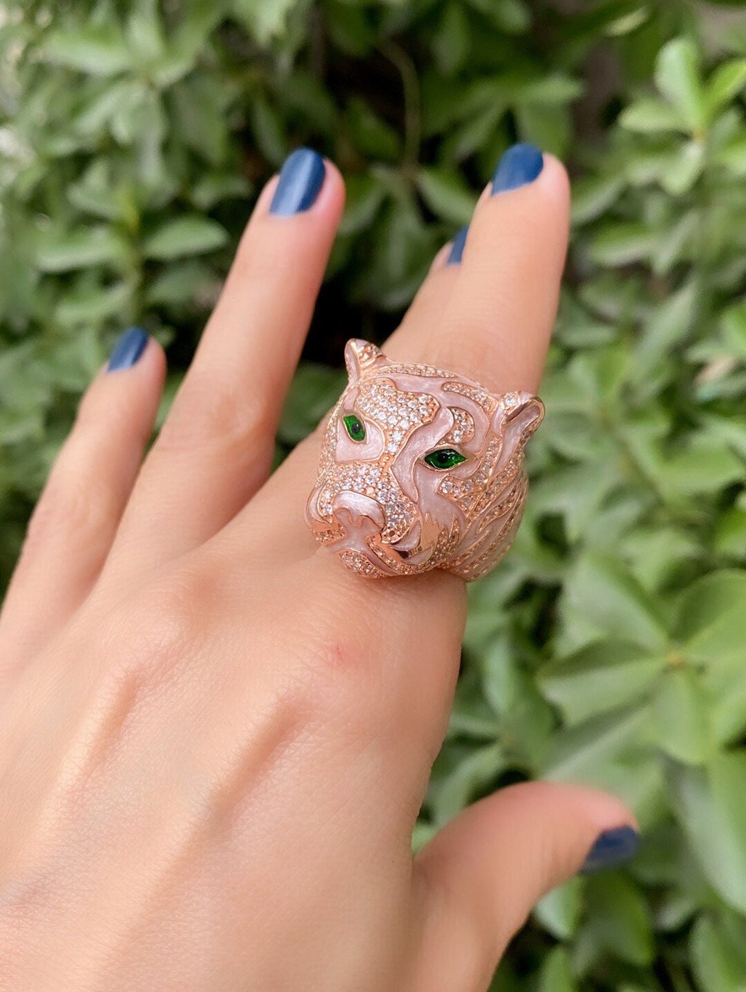 Animal Tiger Cocktail Ring With Diamond Cz, Sterling Silver Ring, Gold ...