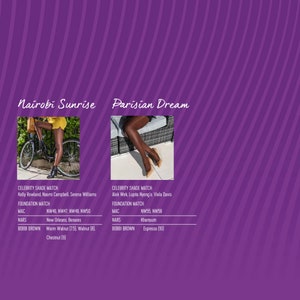 May include: Two images of women's legs wearing sheer tights. The first image shows a woman wearing a yellow skirt and black boots, standing next to a bicycle. The second image shows a woman wearing a beige dress and beige heels, sitting on a wicker chair. The text "Nairobi Sunrise" is above the first image and "Parisian Dream" is above the second image. The text below each image lists celebrity shade matches and foundation matches for different makeup brands.