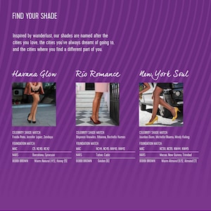 May include: A graphic showing three different shades of foundation makeup with celebrity shade matches and foundation matches listed for each shade. The shades are named "Havana Glow", "Rio Romance", and "New York Soul".